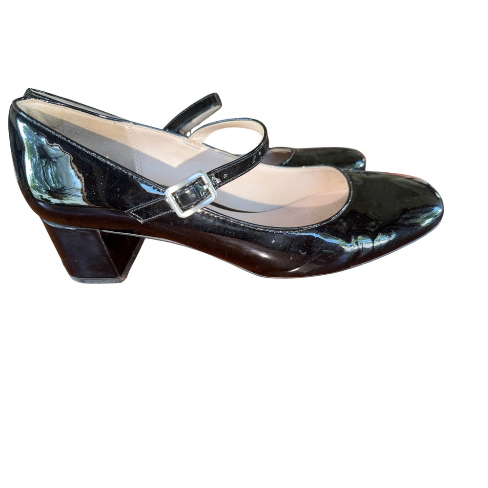 Clarks Narrative Chinaberry Pop Black Patent Leather Mary Jane Block Heels 8.5 M